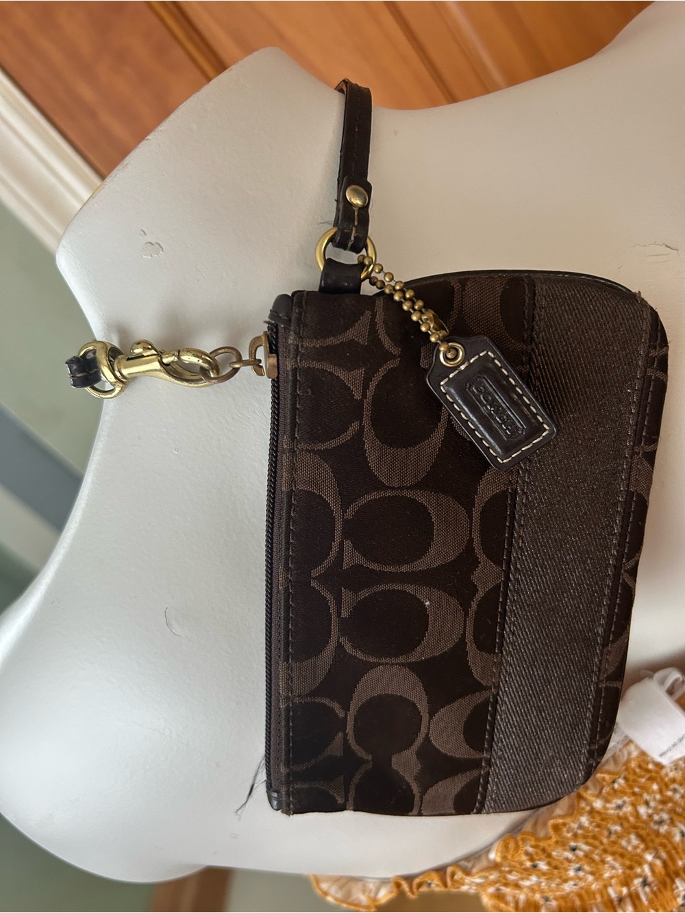 Coach Brown Signature Jacquard Wristlet with Gold Hardware